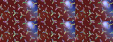 Raster illüstrasyonu. Kar taneli kırmızı, kahverengi ve mor renkler. Renkli arka planda izole tatlı kar taneleri.