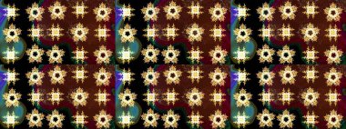 Kar tanelerinin soyut arkaplanlı Noel şablonu. Raster illüstrasyonu. Kahverengi, siyah ve sarı kar taneleri. Noel ve Yeni Yıl moda baskıları için tatil tasarımı.