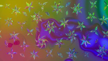 El çizimi çiçek unsurları olan soyut çizim raster deseni. Retro tekstil tasarım koleksiyonu. 1950-1960 motifleri. Çiçekli ipek eşarp. Yeşil yeşile.