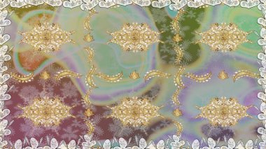 Raster illüstrasyonu. Tarafsız renklerde, altın elementlerle klasik, pürüzsüz desen.