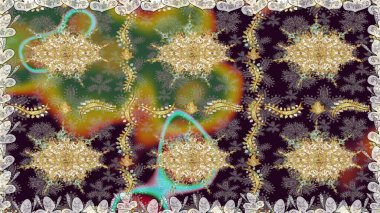 Çiçek desenli altın metal. Kusursuz altın desen. Raster altın çiçek süsü brokar kumaş ve cam desenli. Altın elementli kahverengi renkler.