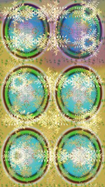 Raster illüstrasyonu. Bokeh nötr, yeşil, sarı ve kar taneleriyle dekoratif Noel arkaplanı.