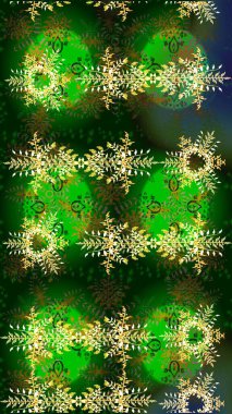 Kış kar tanesi, raster arka plan. Yüzey için tekrarlanan doku, ambalaj kağıdı, yeşil, mavi ve sarı renkler. Raster illüstrasyonu. Renkli arka planda izole edilmiş güzel kar taneleri.