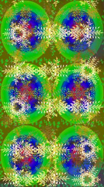 Raster illüstrasyonu. Noel stili. Yeşil, mavi ve sarı renkte kar taneleri.