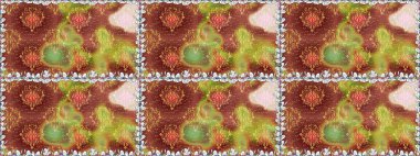 Tekstil, kumaş, kapaklar, duvar kağıtları, baskı, naylon, yapıştırma, örgü, dekupaj için çiçeksiz arkaplan. Küçük kahverengi çiçeklerdeki oldukça eski bir besin torbası deseni.