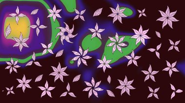 Kumaş, tekstil, duvar kağıdı baskısı için. Raster illüstrasyonu. Renkli desenli eskiz deseni, kahverengi çiçekler ve dekoratif elementlerle. Eskiz geçmişi. Antika retro tarzı.