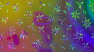 Şirin çiçekli eskiz deseni ve yeşil renkli yapraklar, suluboya çiçek deseni, duvar kağıdı, kart veya kumaş için fayanslı. Raster illüstrasyonu.