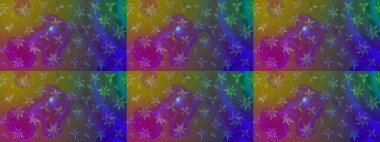 Mor renkte çok renkli zarif küçük çiçekler ve komik böcekler, raster deseni, illüstrasyon.