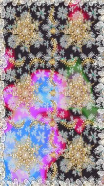 Çiçek kiremitleri. Raster altın tekstil baskısı. İslam tasarımı. Gri renkli ve altın elementli altın desenli. Kusursuz desenli oryantal süs.