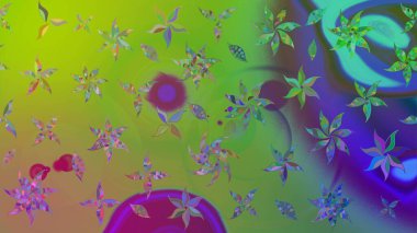 Tekstil, kumaş, ambalaj, hatıra defteri için hoş bir çiçek arkaplanı. Yeşil arka planda. Elle çizilmiş çiçek desenli Raster çizimi. Çocuksu tasarım.