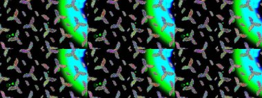 Raster illüstrasyonu. Güzel kar tanesi. Renkli arka planda izole tatlı kar taneleri. Soyut kış siyah, yeşil ve mavi süslemeleri. Yuvarlak raster kar tanesi.