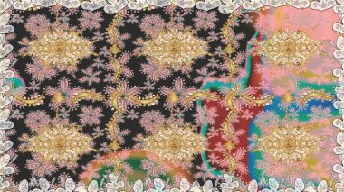 Damask pürüzsüz yineleme kalıbı. Barok tarzında altın çiçekli süs. Gri renklerdeki altın element. Antika altın tekrarlanabilir duvar kağıdı.