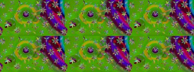 Şirin çiçekli eskiz deseni ve yeşil renkli yapraklar, suluboya çiçek deseni, duvar kağıdı, kart veya kumaş için fayanslı. Raster illüstrasyonu.