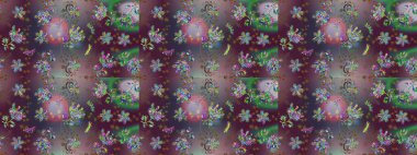 Çiçekli karalama şeklinde Raster çiçek deseni. Yumuşak, bahar çiçekli arka plan. Çiçekler kahverengi, mor ve gri renklerde.