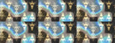 Gri, nötr ve mavi renkli küçük çiçekler ve gri, nötr ve mavi renkli komik böcekler, raster deseni, illüstrasyon.