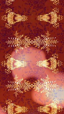 Raster illüstrasyonu. Noel ve yeni yıl moda baskıları için tatil tasarımı. Kar tanelerinin soyut arkaplanlı Noel şablonu. Kırmızı, kahverengi ve pembe kar taneleri.