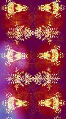 Renkli arka planda izole kar taneleri. Raster illüstrasyonu. Kar taneleri radyal kırmızı ve mor renkler.