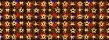 Yüzey için tekrarlanan doku, ambalaj kağıdı, kahverengi, kırmızı ve sarı renkte kar tanesi. Kış kar taneleri, raster arka plan.