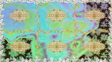 Kusursuz altın desenli bukleler. Parlak dantel, stilize çiçekler, şal desenli. Doğu tarzı arabesk. Hassas altın deseni açın. Raster. Mavi renklerde, altın elementlerle kusursuz desen.