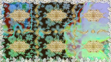 Doğulu stil, altın elementlerle altın rengi nötr renkte arabesk yapar. Raster altın desen. Kusursuz kıvırcık saçlar..