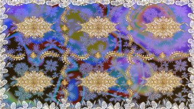 Menekşe renklerinde, altın elementli, pürüzsüz bir desen. Şam tasarım için kusursuz desen.