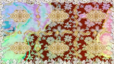 Kusursuz altın desenli bukleler. Doğu tarzı arabesk. Tarafsız renklerde, altın elementlerle kusursuz desen. Hassas altın deseni açın. Raster. Parlak dantel, stilize çiçekler, şal desenli.