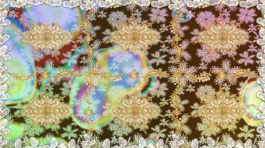 Raster soyut çiçek çelengi altın karalama fantezi yaprakları ve tarafsız renklerde çiçek. El yapımı dekoratif çerçeve, albüm kapağı, tebrik kartı, klasik Art deco tarzı.