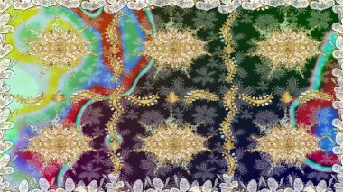 Tarafsız renklerde altın çiçekli altın desenler. Raster geometrik arka plan. Senin tasarımın için, duvar kağıdı. Altın rengi kusursuz illüstrasyon.