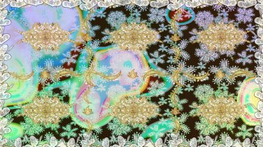 Altın antika ortaçağ dekoratifi, yapraklar ve tarafsız renklerde altın desenli süslemeleri olan dikişsiz bir şablon. Kusursuz kraliyet lüksü, altın barok kumaş rengi..