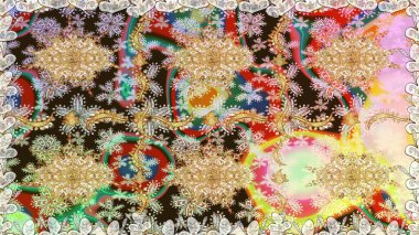 Raster soyut çiçek çelengi altın karalama fantezi yaprakları ve tarafsız renklerde çiçek. El yapımı dekoratif çerçeve, albüm kapağı, tebrik kartı, klasik Art deco tarzı.