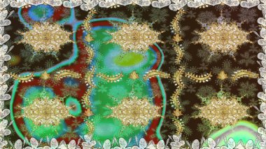 Kahverengi renkler ve altın elementler. Raster altın çiçek süsü brokar kumaş ve cam desenli. Kusursuz altın desen. Çiçek desenli altın metal..