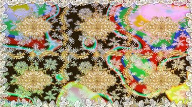 Tarafsız renklerde altın element. Altın çiçekli, pürüzsüz desen. Barok tarzında altın çiçekli süs. Damask arkaplanı.