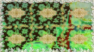 Yeşil renklerdeki altın element. Yeşilden çok altın rengi klasik barok çiçekli desenler. Lüks, kraliyet ve Viktorya dönemi konsepti. Süslü raster dekorasyonu.