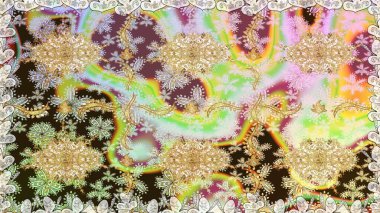 Tarafsız renklerde altın elementler. Kusursuz raster arka plan. Şık bir grafik desen. Çiçek deseni. Duvar kâğıdı barok, İspanyol kumaşı.