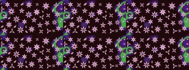 Dallı bahar çiçekleriyle desen, kahverengi renklerle çiçek siluetiyle desen. Raster deseni.