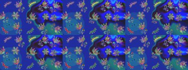 Mavi, mor ve yeşil renklerde çiçeklerle kusursuz çiçek deseni. Çiçekler suluboya tarzında mavi, mor ve yeşil renklerde.