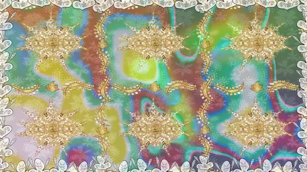 Tarafsız renkler üzerinde klasik oryantal desen. Geleneksel raster ve altın desen. Damask pürüzsüz süsü.