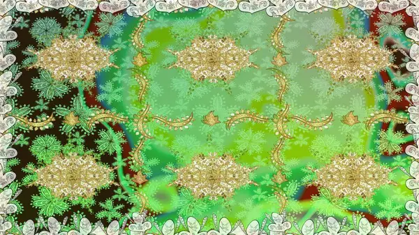 Yeşil renklerde ve altın elementlerle kusursuz klasik desen. Yeşil renkler ve altın elementler üzerinde altın pürüzsüz desen. Noel, kar tanesi, yeni yıl.