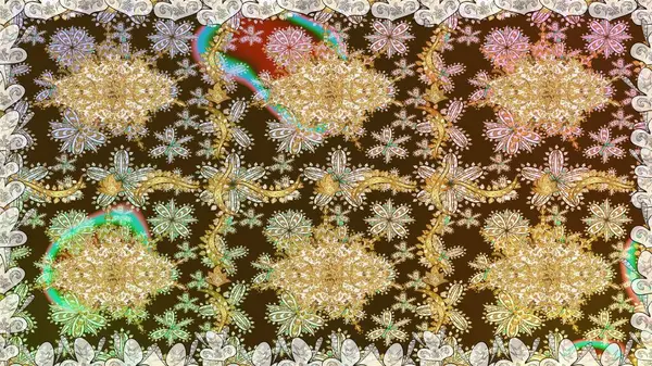 Kart, duvar kağıdı, ambalaj ve tekstil için klasik tasarım. Raster illüstrasyonu. Kahverengi renkte Royal retro. Klasik çiçek dokusu. Altın şablon. Kusursuz desenli altın elementler.