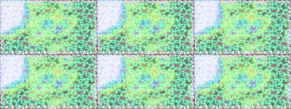 Kelebeklerle güzel bir moda modeli. Raster illüstrasyonu. Fantezi çizimi. Moda sevimli kumaş tasarımı. Yeşil ve mavi renkli illüstrasyon.