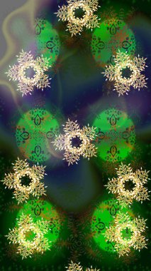 Yeşil, mavi ve gri kar taneleri. Noel ve yeni yıl moda baskıları için tatil tasarımı. Raster illüstrasyonu. Kar tanelerinin soyut arkaplanlı Noel deseni.