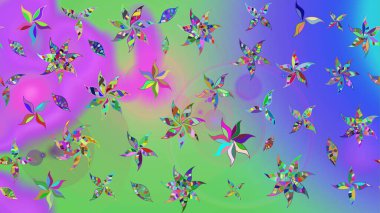 Raster düz çiçek çizim deseni. Hediye ambalaj kağıdı, tebrik kartları, posterler ve pankart tasarımı. Mor renkte çiçekler.