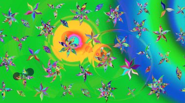 Çiçekli ipek eşarp. El çizimi çiçek unsurları olan soyut çizim raster deseni. 1950-1960 motifleri. Retro tekstil tasarım koleksiyonu. Yeşil yeşile.