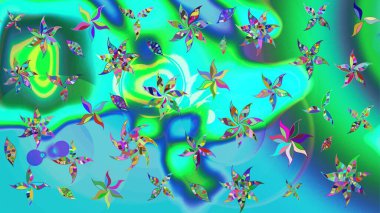 Raster düz çiçek çizim deseni. Hediye ambalaj kağıdı, tebrik kartları, posterler ve pankart tasarımı. Mavi renkte çiçekler.