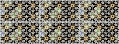 Raster illüstrasyonu. Siyah renklere karalamalar çizen kusursuz çiçek deseni.