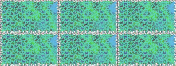 Kağıt, kumaş, ambalaj kağıdı ve duvar kâğıdı tasarımı için hoş bir arkaplan. Çocuk kelebeklerin pürüzsüz deseni. Yeşil renkli sanat kelebekleri. Raster..