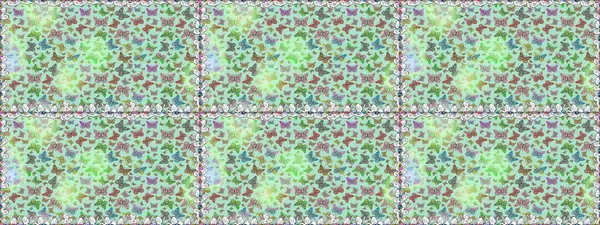 Egzotik Kelebeklerle tropik ve pürüzsüz bir düzen. Moda Kumaşı Tasarımı. Raster. Tarafsız ve yeşil renklerde gösterim.