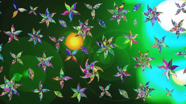 Düz Çiçek Elementleri Tasarım Raster illüstrasyonu. Renkli Bahar Teması eskiz kalıbı. Çiçek desenli eskiz. Yeşil renkte çiçekler.