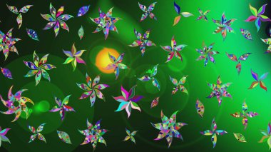 Moda baskıları için zarif bir şablon. Modern çiçek arkaplanı. Parlak renkli çiçekli ve yeşil yapraklı harika bir çiçek deseni. Halk stili.