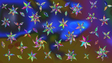 Yumuşak, mavi renkte bahar çiçekleri. Raster illüstrasyonu. Yaprak ve çiçeklerin suluboya resmi, mavi renkte çizim deseni.